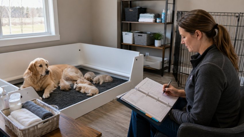 A responsible dog breeder in Ontario reviewing puppy care, vet records, and home setup.