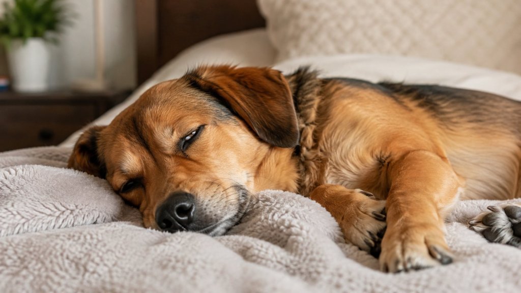 dog sleeping with eyes partly open on a cozy bed