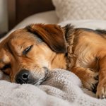dog sleeping with eyes partly open on a cozy bed