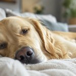 A relaxed dog sleeping with eyes partly open while resting safely at home.