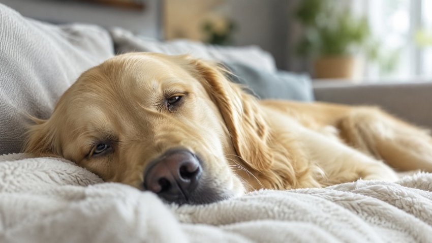 A relaxed dog sleeping with eyes partly open while resting safely at home.