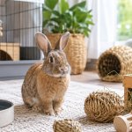 An indoor pet rabbit sitting safely in a clean home habitat with hay and fresh water.