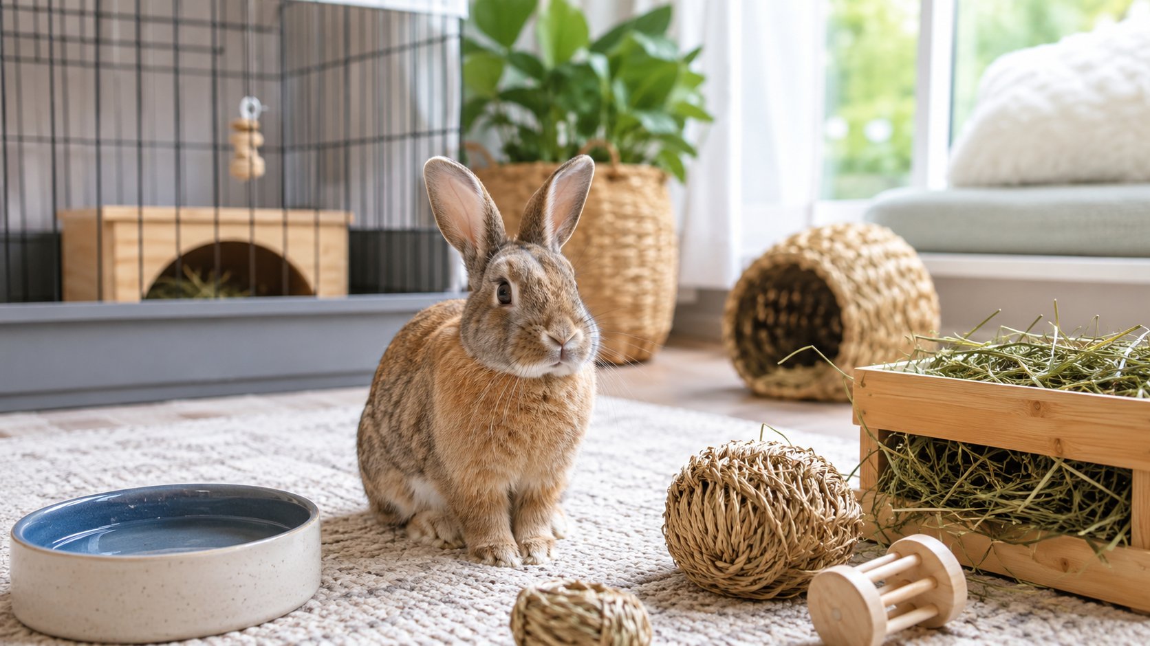 An indoor pet rabbit sitting safely in a clean home habitat with hay and fresh water.