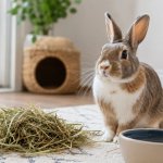 healthy indoor pet rabbit with hay and water