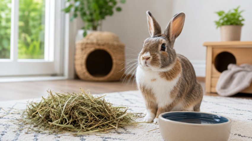 healthy indoor pet rabbit with hay and water