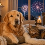 Dog and cat resting safely indoors during New Year fireworks