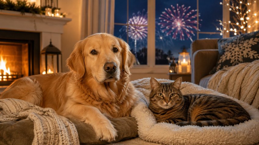 Dog and cat resting safely indoors during New Year fireworks