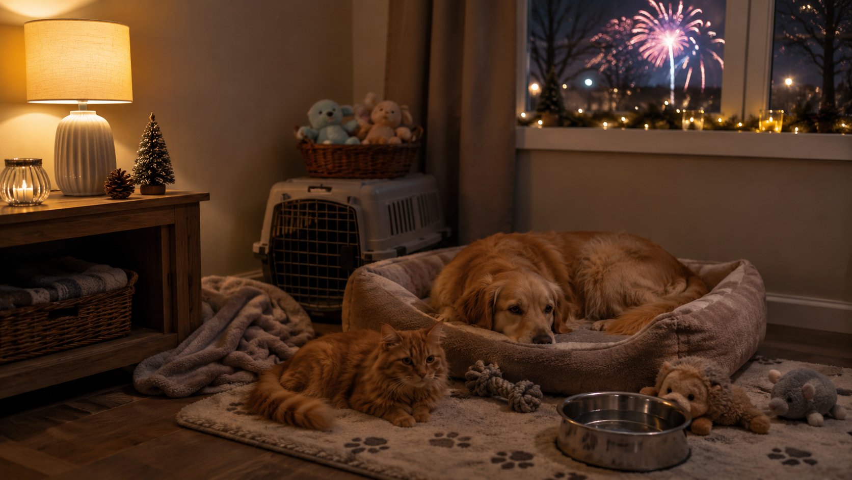 Quiet safe room prepared for pets during fireworks