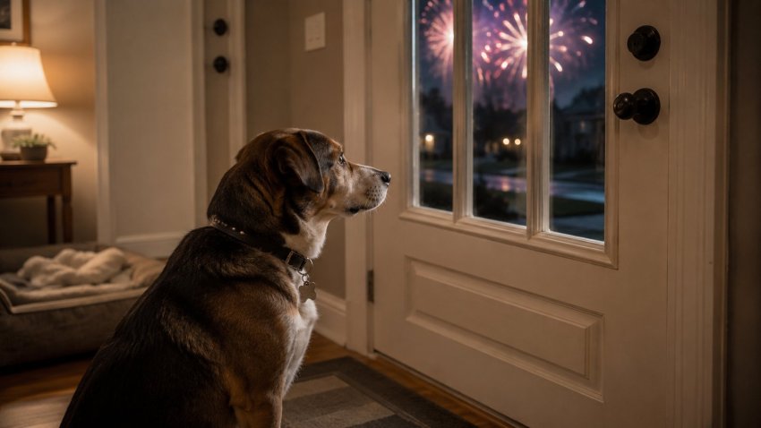 Dog wearing ID tag and staying indoors during fireworks