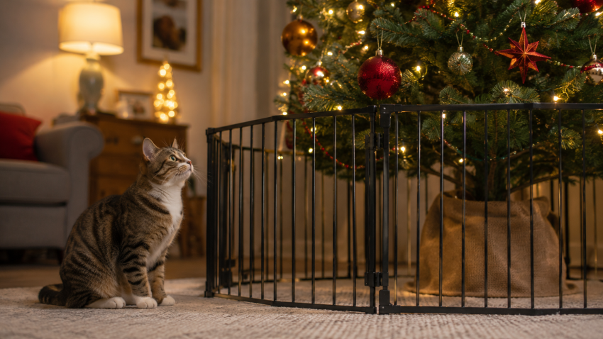 Cat watching a Christmas tree protected by a safety gate