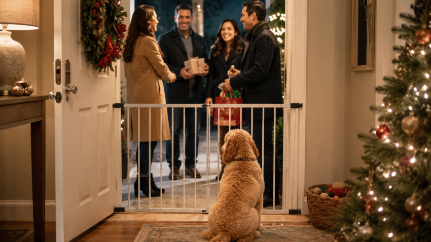 Dog safely behind a gate while Christmas guests arrive