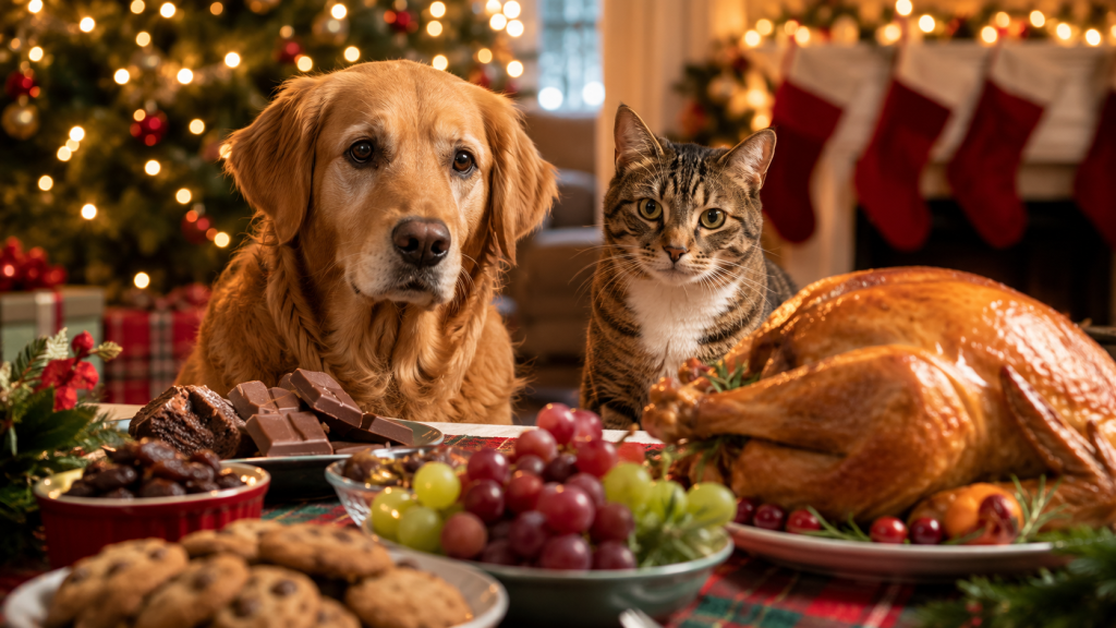 Dog and cat near holiday foods that should be kept out of reach