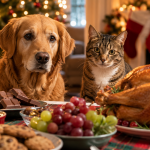 Dog and cat near holiday foods that should be kept out of reach