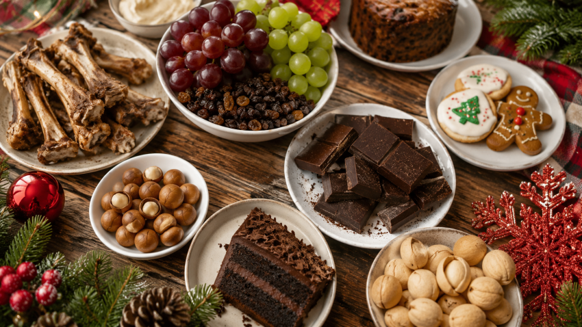 Holiday foods like chocolate, grapes, raisins, bones, and desserts that can be unsafe for pets