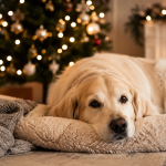 Calm dog resting on a cozy bed during Christmas gatherings