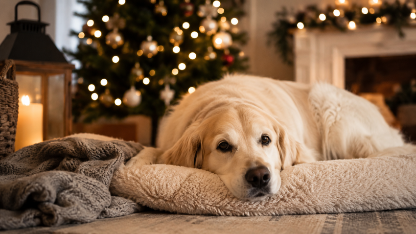Calm dog resting on a cozy bed during Christmas gatherings