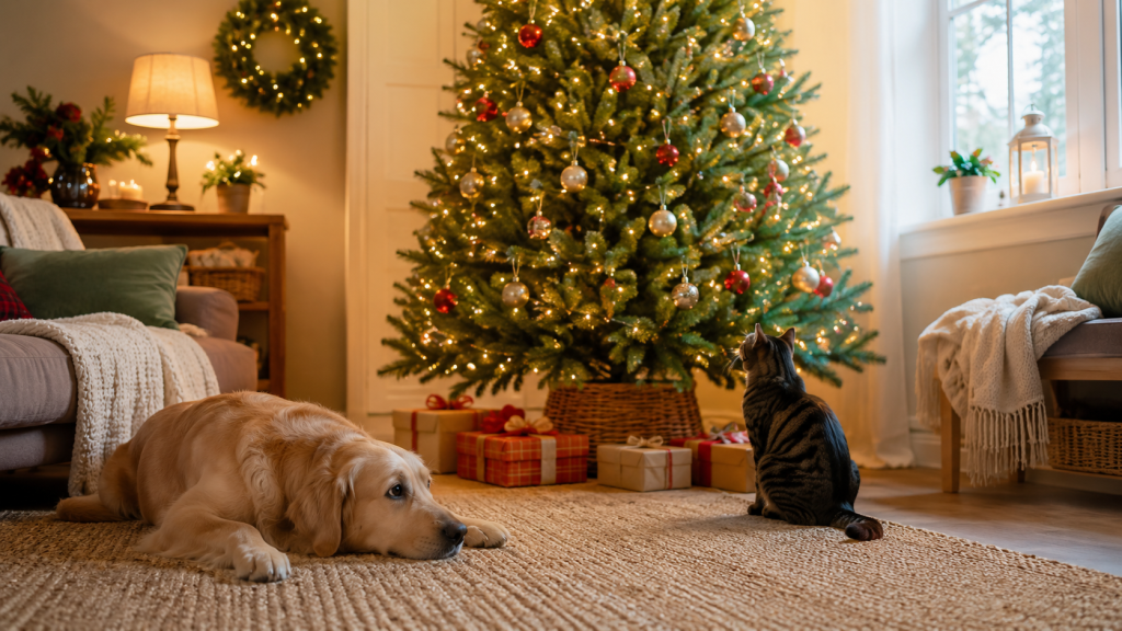Dog and cat near a decorated Christmas tree in a pet-safe living room