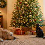 Dog and cat near a decorated Christmas tree in a pet-safe living room