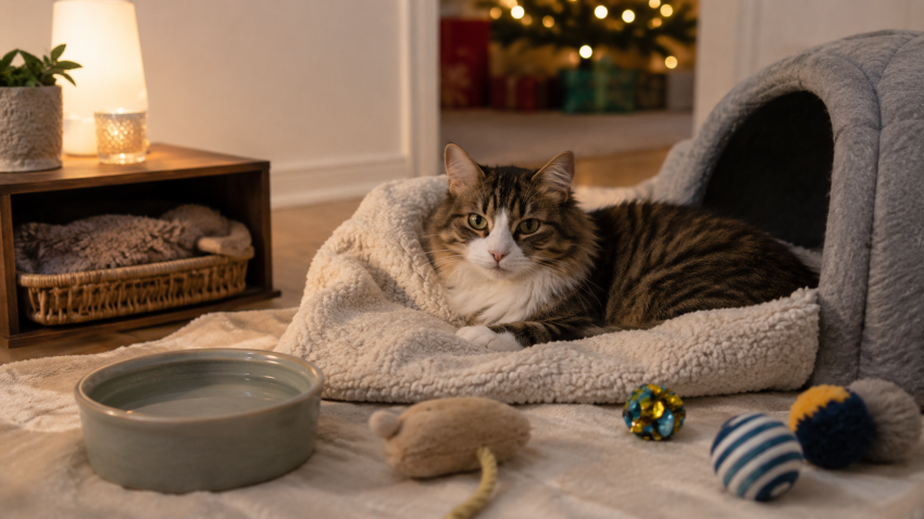 Cat resting in a quiet safe space during a Christmas party