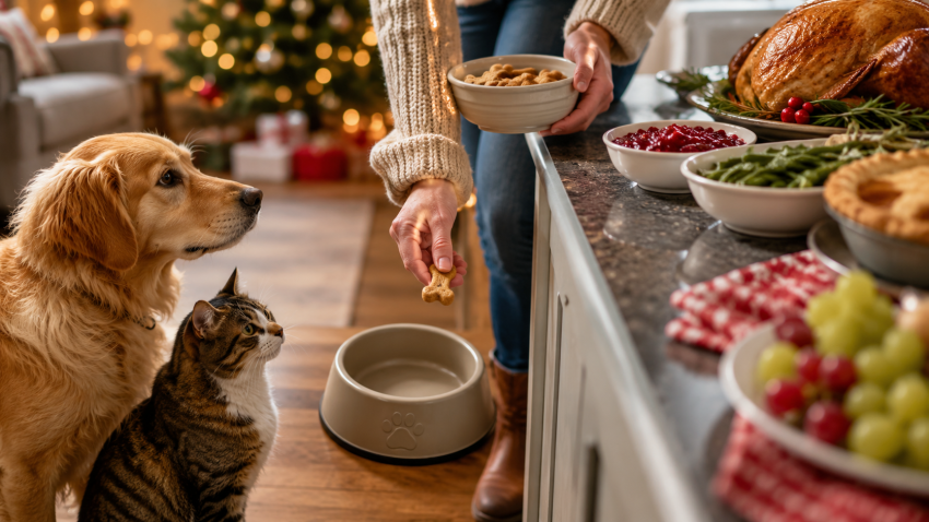 Pet owner giving safe treats to a dog and cat during holiday meal prep