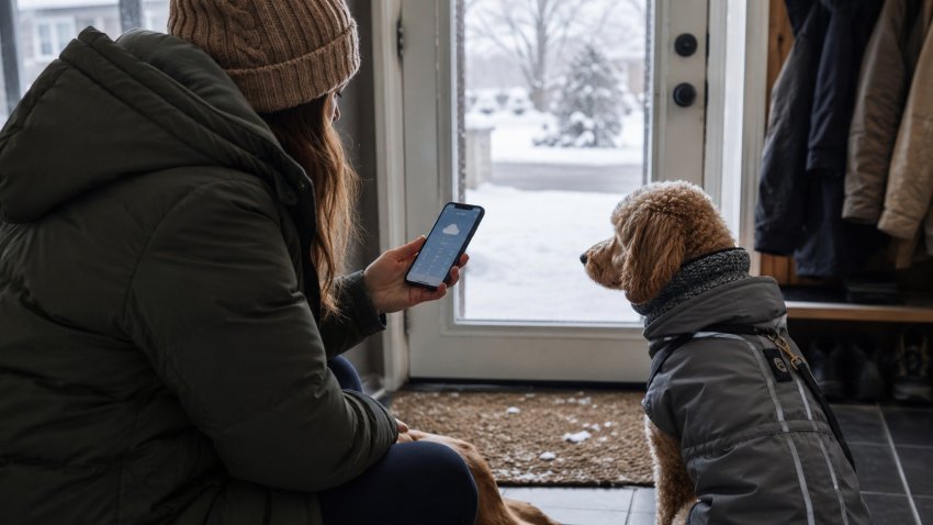 Pet owner checking cold weather before walking a dog