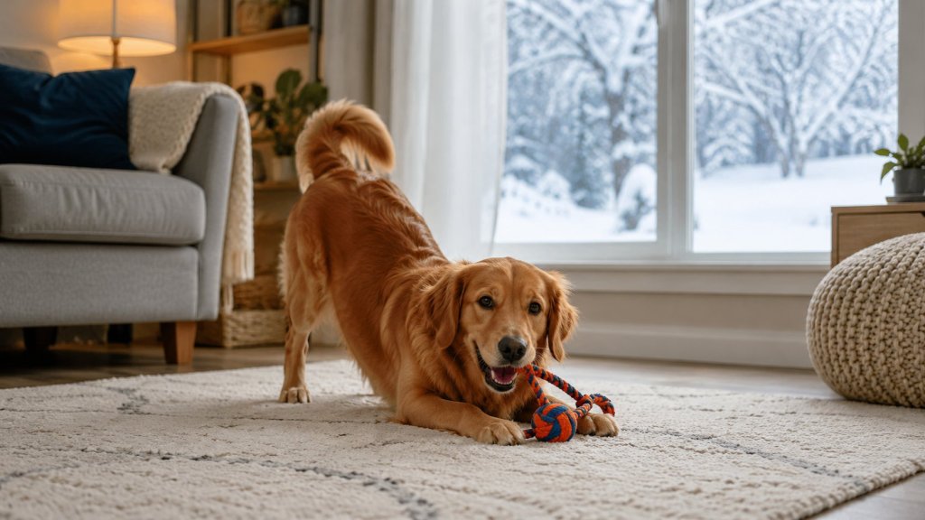 Dog playing indoors during freezing winter weather