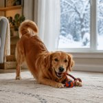 Dog playing indoors during freezing winter weather