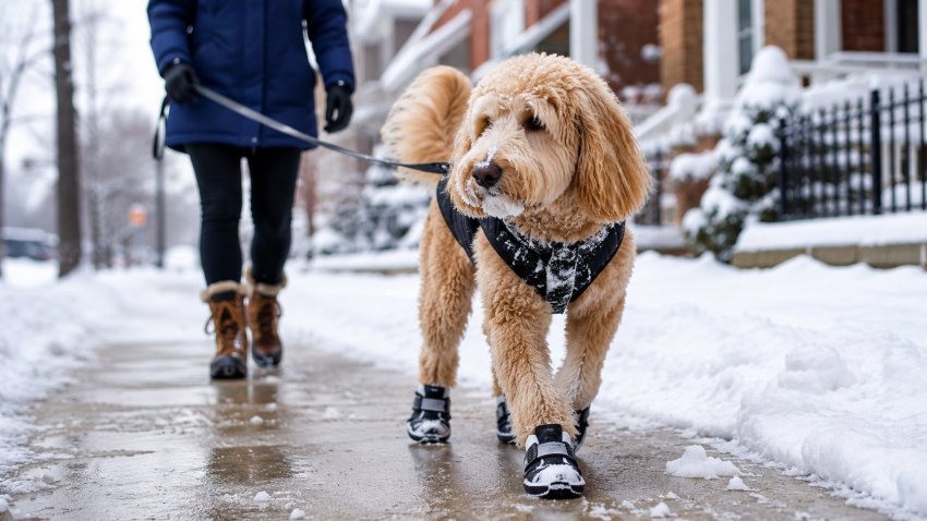 Dog wearing winter booties to protect paws from snow and salt