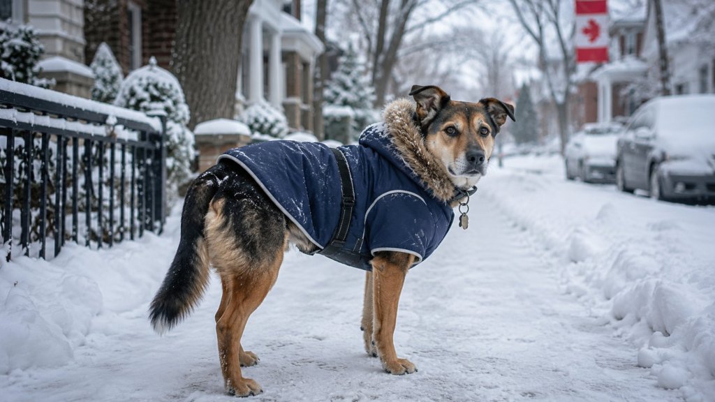 Dog wearing a winter coat during cold weather in Canada