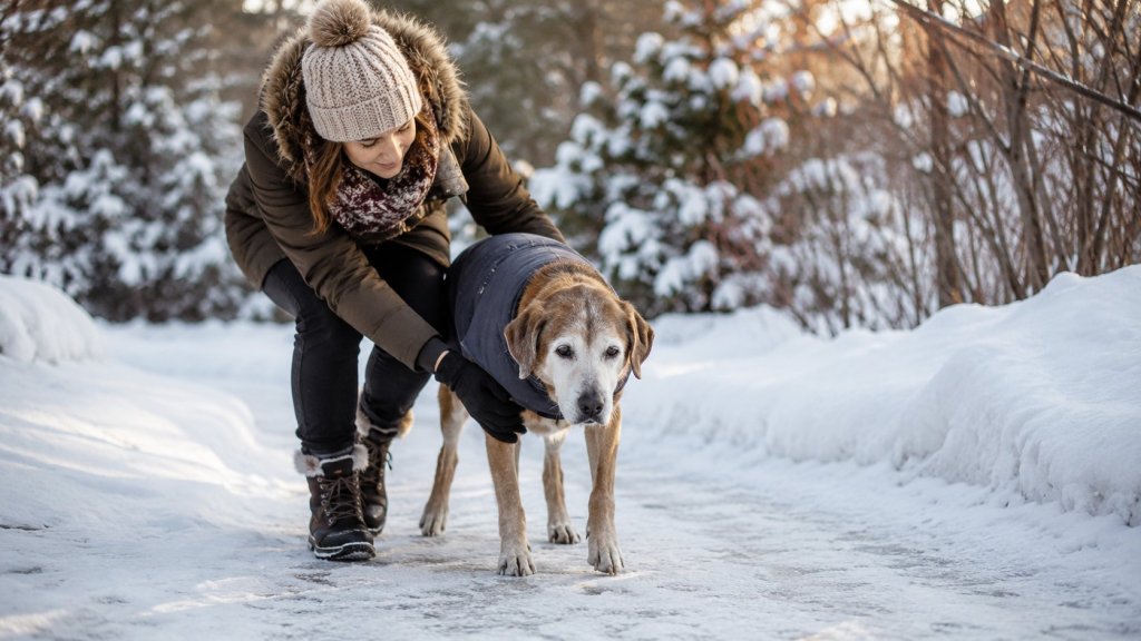 Pet owner helping senior dog walk safely in cold weather