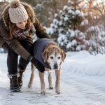 Pet owner helping senior dog walk safely in cold weather