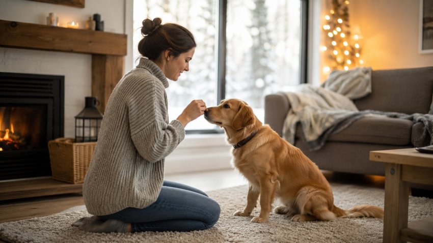 Pet owner training dog indoors during cold weather