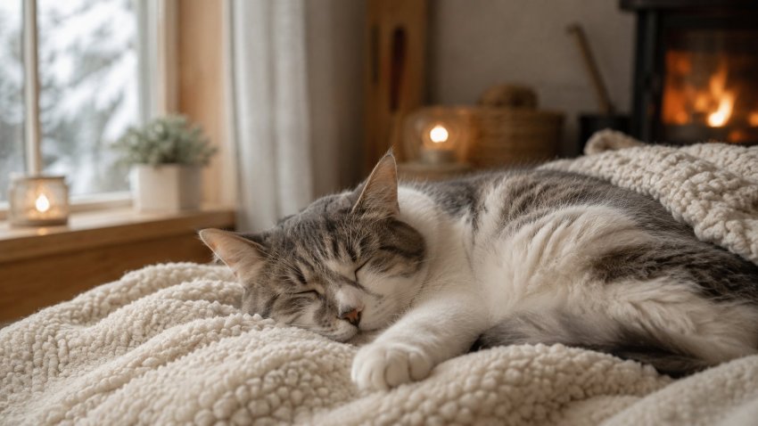 Older cat staying warm on a soft blanket in winter