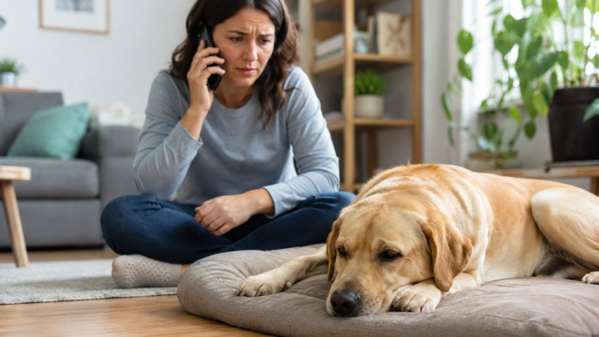 pet owner calling veterinarian because dog is not eating or drinking