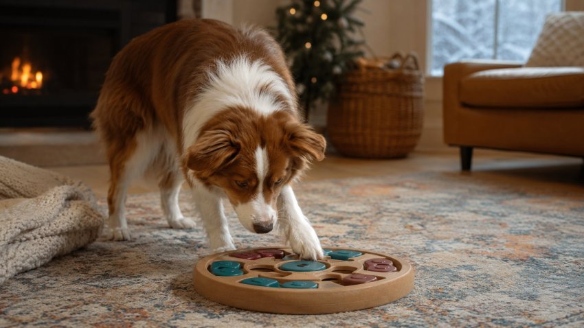 Dog using puzzle toy for indoor enrichment in winter