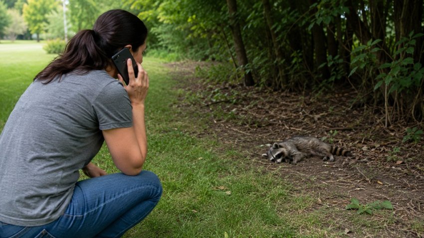 A person calling wildlife rescue while observing a raccoon from a distance. Alt text: safe response when finding an injured or baby raccoon