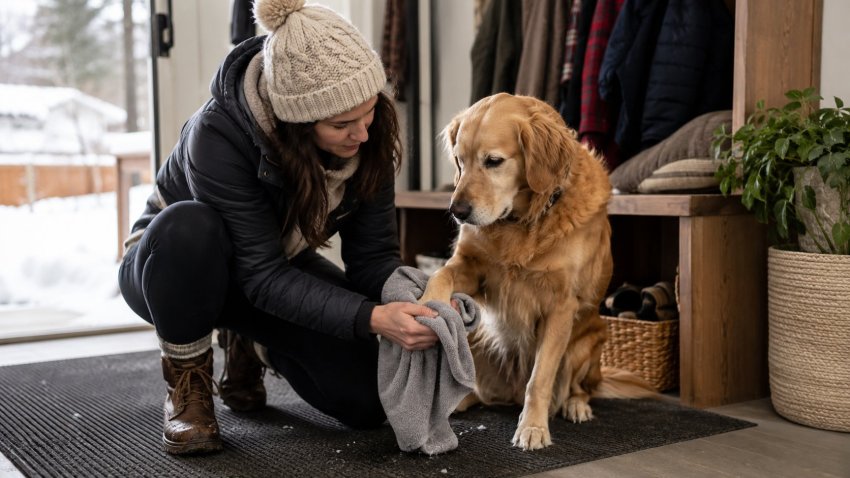 Pet owner wiping dog paws after walking on snowy sidewalk